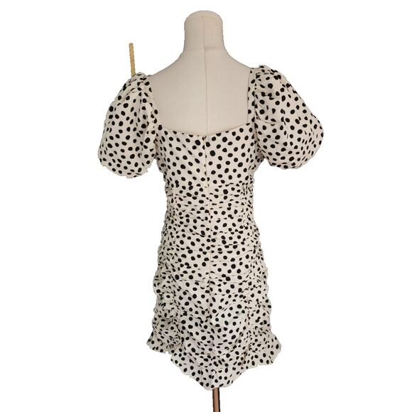 Zara Ruched Polka Dot Puff Sleeve Mini Dress Milkmaid Ivory & Black Dots Medium - Picture 8 of 10